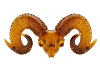 Isolated amber-colored ram's skull with impressive horns, detailed and sculpted in translucent glass