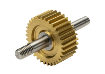 Isolated brass cogwheel on metal spindle, technical parts of mechanical gear, component