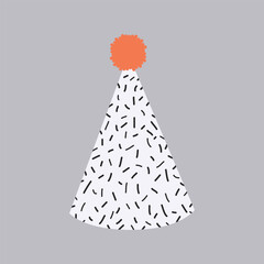 Party cone hat with sprinkle pattern and orange pom pom. For birthday invitations, event promotion.