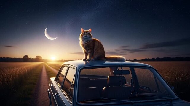 Mystical night journey: Orange cat perched on vintage car roof under crescent moon