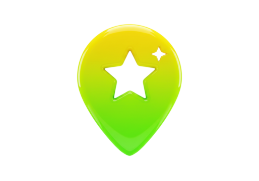 Isolated yellow-green map pointer with star, location pin, GPS marker, geo tag, 3D rendering