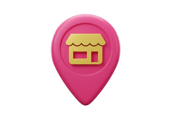 Isolated shop store location pointer, cute pink pin with golden shop icon, place marker map app