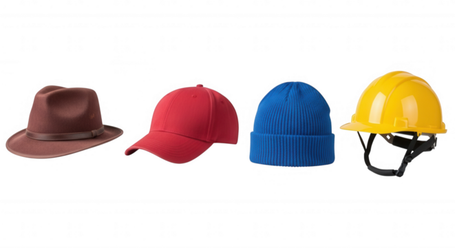 Brown fedora red cap blue beanie yellow hard hat isolated on a transparent background