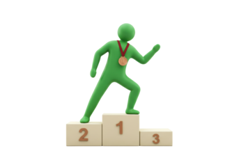 Isolated green figure stands on a winners podium with first, second and third places