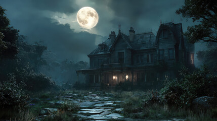 Haunted house glowing under moonlit woods concept. A haunted mansion under a full moon in a foggy landscape.