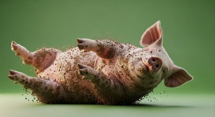 Fototapeta premium Playful Piglet Rolling in Dirt on a Green Background.