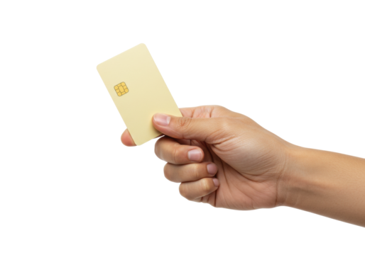 Isolated hand holds a credit card, a payment method for business transactions, digital finance