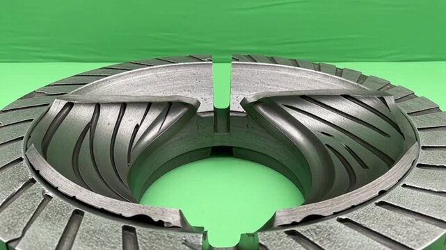 Detailed view of a split metal turbine rotor showcasing intricate design and engineering for