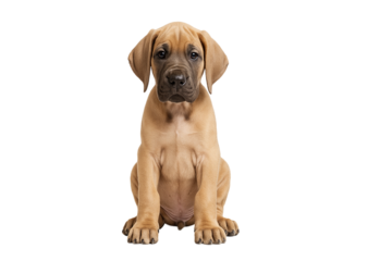 Great Dane puppy portrait, seated pose with gentle expression