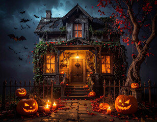 A Spooky Halloween Night A Decaying Victorian Mansion with Jack-o'-Lanterns Under a Night Sky