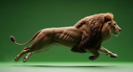 Powerful male lion in midair leap against a vibrant green background showcasing strength and agility.
