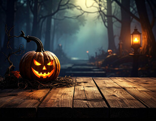 Mysterious Jack-o'-lantern on a weathered wooden table, illuminated by an ominous glow in a foggy, enchanted forest on a dark Halloween night with a vintage lantern leading the way