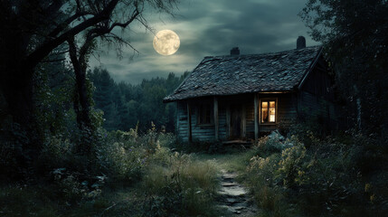 Haunted house glowing under moonlit woods concept. A mysterious cabin under a full moon in a dark forest setting.
