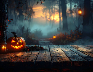 Enchanting Halloween Night Scene Spooky Pumpkin, Candles, and Forest Ambiance