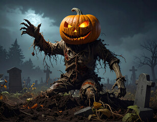 Pumpkin-headed Monster Rising from Graveyard A Spooky Halloween Illustration