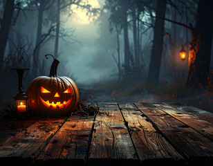 Spooky Halloween Pumpkin glowing in a foggy forest with a rustic wooden table in the foreground