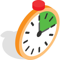 Orange stopwatch with red top and green section on face showing time elapsed with black minute and hour hands casting a dark shadow on white background