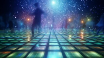 A vibrant dance floor illuminated by colorful lights, filled with silhouettes of people enjoying a lively night out, with a backdrop of sparkling lights creating a festive atmosphere