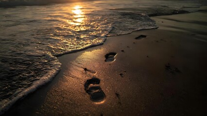 Footprints in wet sand along a sunset beach as gentle waves wash ashore. Concept Footprints in wet sand, Sunset beach photography, Gentle waves at dusk, Reflections on wet sand, Seaside tranquility