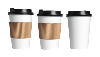 Three white coffee cups, two with sleeves, against black