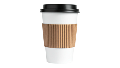 Paper coffee cup with black lid and brown cardboard sleeve