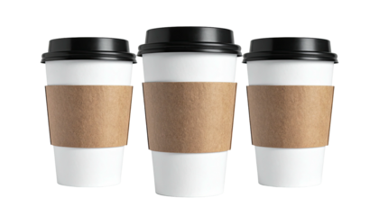 Three white takeout cups with brown sleeves and black lids