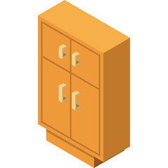 Orange Tall Wooden Wardrobe With Four Doors And Two Light Beige Square Handles In Front View On Transparent Background