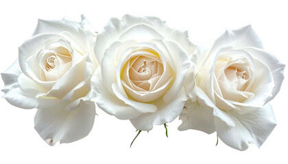 Three pristine, soft, white roses in full bloom, close-up
