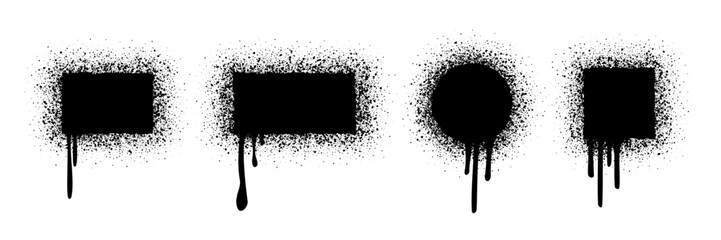 Spray paint frames with dripping ink effect in square, circle, and rectangle shapes. Grunge stencil borders in black with scattered spray texture. Urban graffiti style vector illustration.