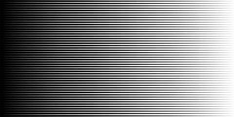Lines background. Horizontal black lines with gradient fade from left to right. Striped pattern creating smooth transition from dark to light for abstract, tech, optical design. Vector illustration.