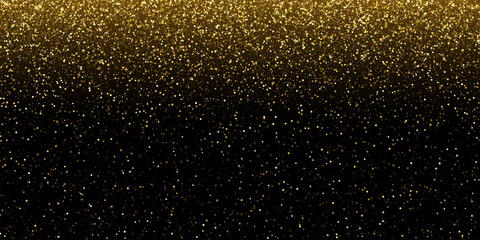Gold glitter confetti on black background. Shiny glowing particles falling from top in dense festive pattern. Festive vector illustration for luxury celebration and elegant event design.