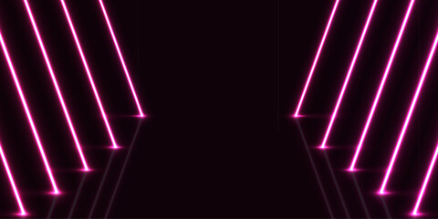 Neon pink diagonal lines glowing on dark background. Futuristic light beams forming symmetrical corridor perspective with bright illumination effect. Cyberpunk tunnel vector design.