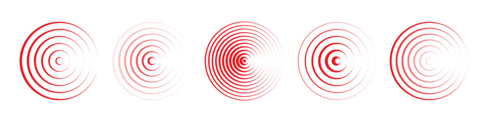 Red concentric pain icons with fading radial gradients and 3D style drop shadows. Symbols representing physical discomfort or pressure zones in medical infographics. Healthcare vector illustration..