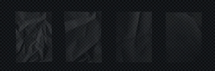 Transparent crumpled plastic textures. Set of wrinkled clear film overlays with light reflections on dark transparent background. Realistic vector illustration.