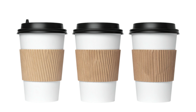 Three white paper coffee cups with lids and cardboard sleeves