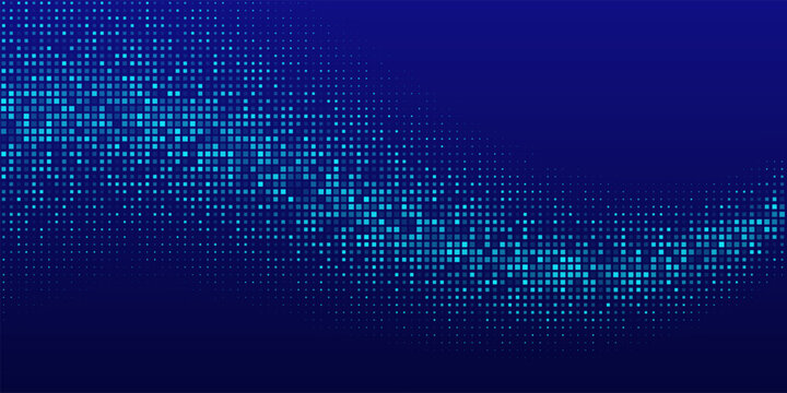 Blue pixel wave background. Digital grid creating dynamic motion effect. Futuristic technology banner, poster, backdrop. Modern abstract vector illustration.