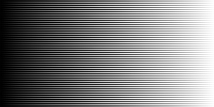 Lines background. Horizontal black lines with gradient fade from left to right. Striped pattern creating smooth transition from dark to light for abstract, tech, optical design. Vector illustration.