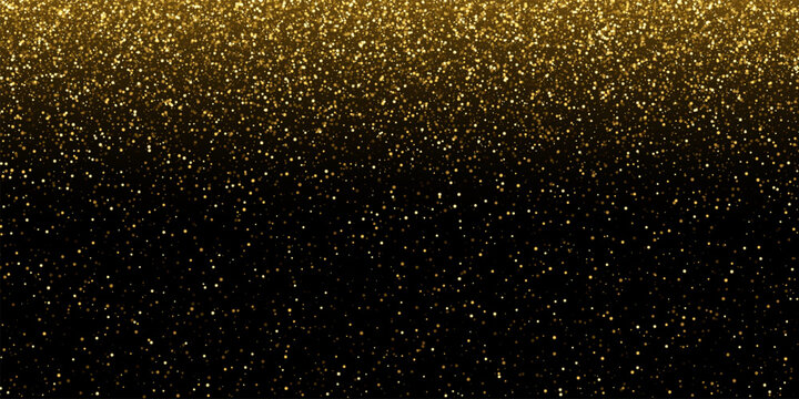 Gold glitter confetti on black background. Shiny glowing particles falling from top in dense festive pattern. Festive vector illustration for luxury celebration and elegant event design.