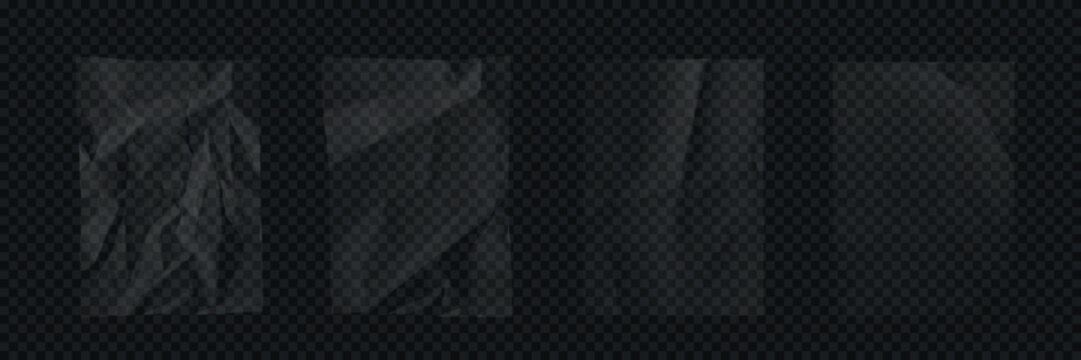 Transparent crumpled plastic textures. Set of wrinkled clear film overlays with light reflections on dark transparent background. Realistic vector illustration.