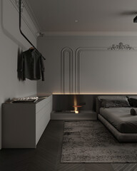 Stylish bedroom with minimalist decor, soft lighting, and cozy atmosphere in neutral tones.