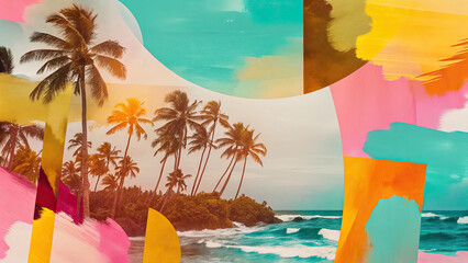 Artistic summer collage with palm trees concept. Vibrant tropical landscape with palm trees and colorful abstract art.