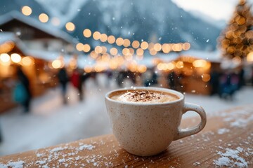 Cozy coffee in a snowy outdoor market