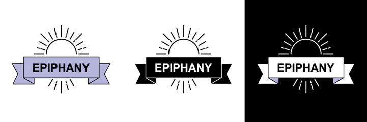 Modern flat illustration with the word “Epiphany” on a ribbon and radiant sun, symbolizing enlightenment and divine revelation.