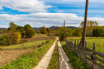 Country road in hilly area on an autumn day