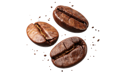 Three coffee beans, richly roasted, on a black backdrop