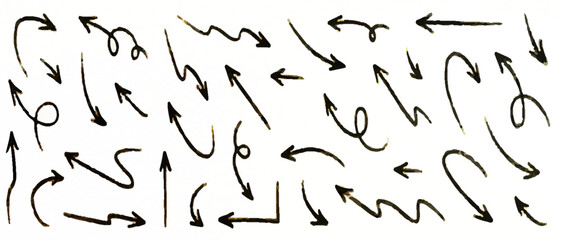 Arrow vector line icon set. Hand drawn brush sketch arrow line curve up, down shape chalk texture element set. Abstract grunge scribble chalk crayon style. Vector illustration