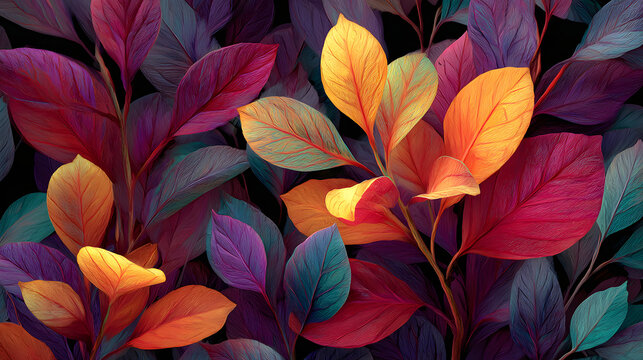 Colorful leaves texture unusual floral background : Generative AI
