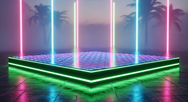 Low-angle of a square platform with bright neon light, symbolizing technology, futuristic product showcase or digital presentation, palm tree silhouette