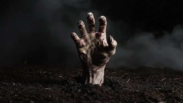 High Quality Cinematic Clip of Undead Hand Reaching for Light with Spooky Fog Texture Dark Night Nightmare Scene with Hand of Living Dea