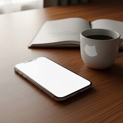 Realistic photo of smartphone with blank white screen lying on wooden desk beside coffee cup and notebook, natural window light, cozy modern atmosphere, ultra-realistic 8k, no text, no watermark, high